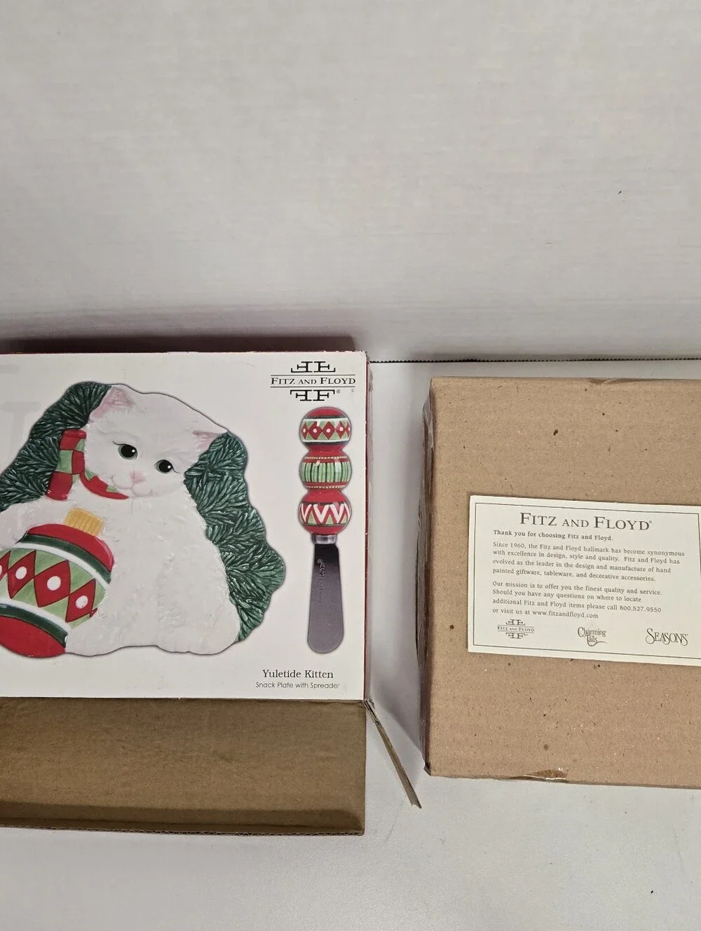 Fitz and Floyd Yuletide Kitten Snack Plate with Spreader 2008 New Open Box